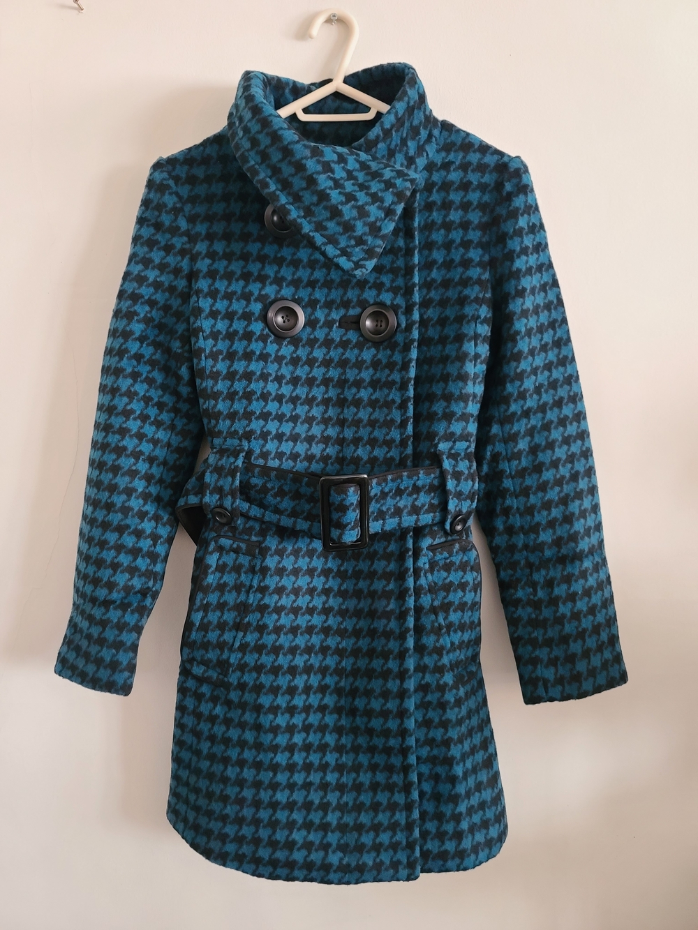 VINTAGE Premium 75% Wool Heavyweight Houndstooth Trench Coat w/ Belt - M